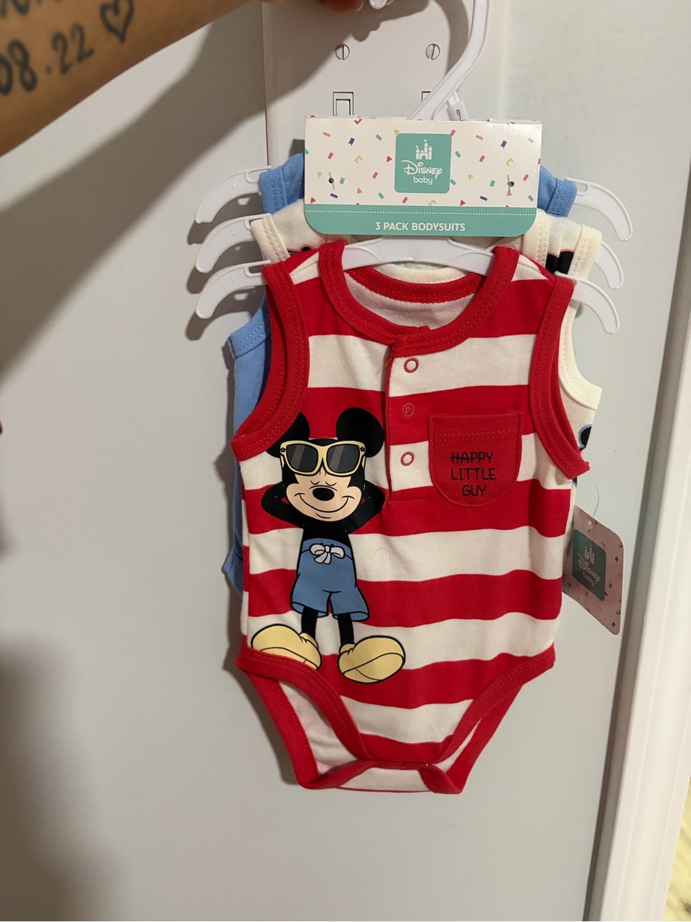 Disney Red & White Striped Mickey Sleeveless Bodysuit with Pocket